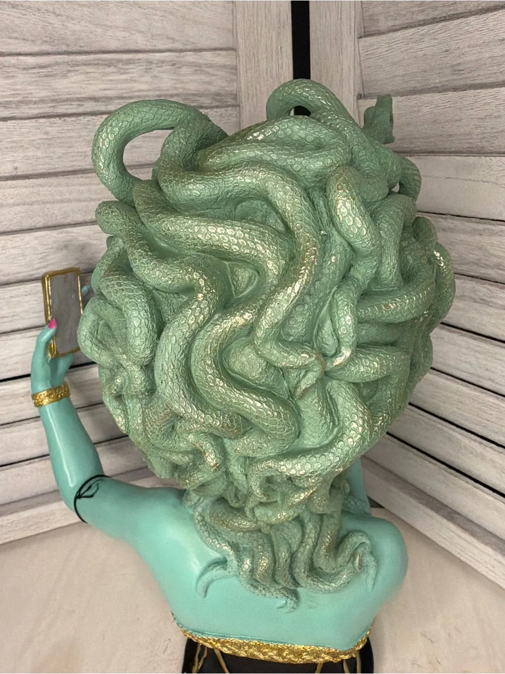 Aqua Medusa Vanity Statue with Pink Accents and Gold Detail